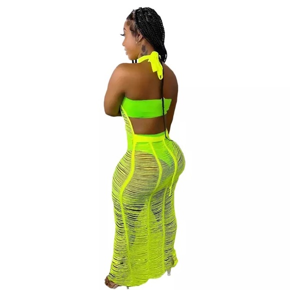 WOMENS KNITTED BEACH COVERUP DRESS NEON GREEN - Picture 2 of 3